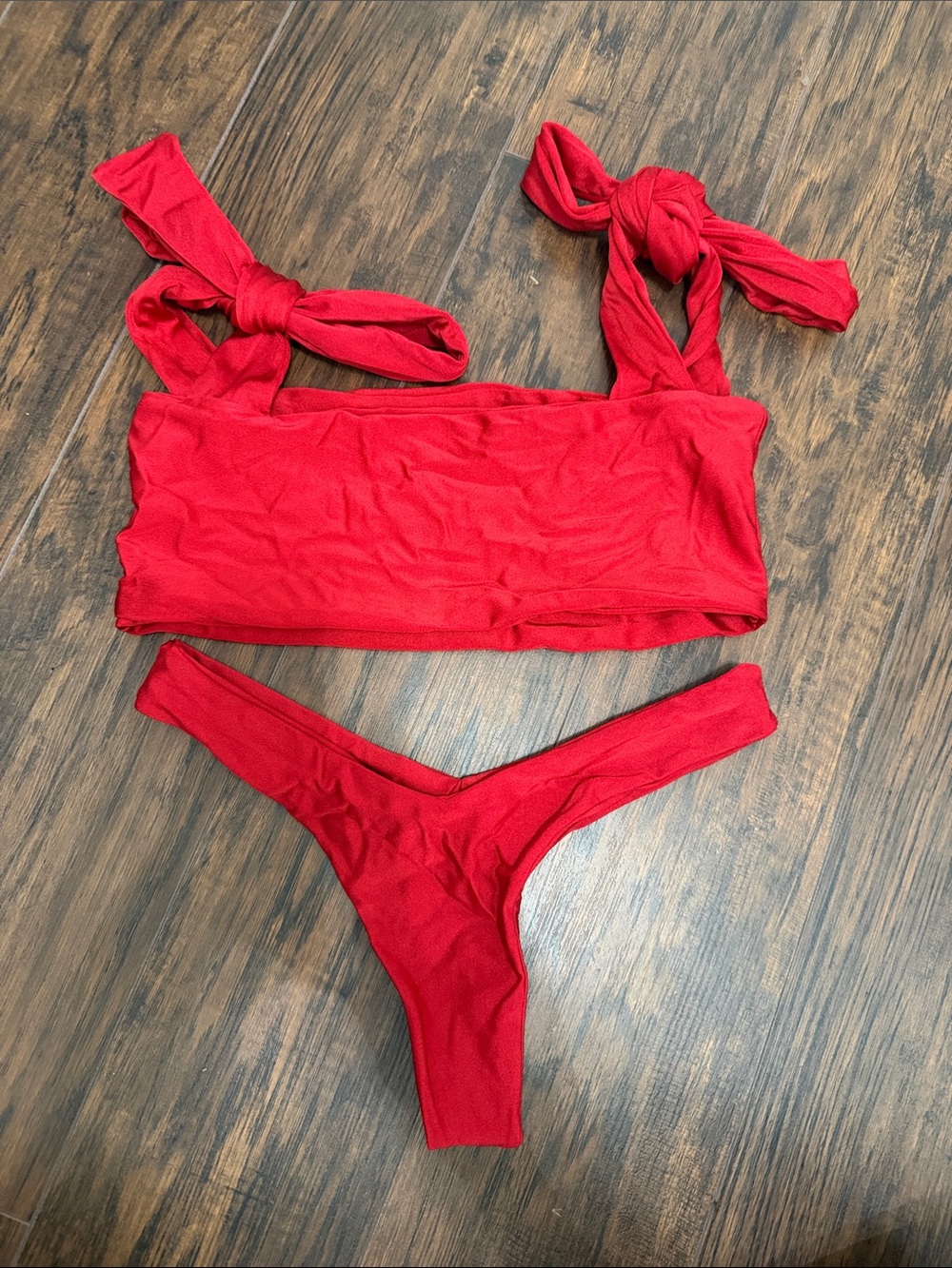 Red Tie-Shoulder Bikini Set
